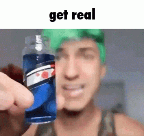 there is a man holding up a bottle that says get real
