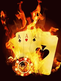 four cards are shown, one burning with flames