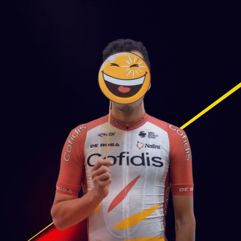 the cyclist has his face painted like a smile