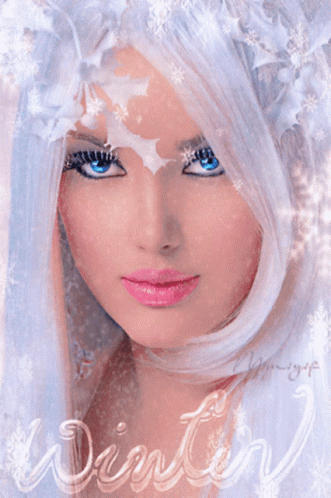 a blue woman with long white hair and golden eyes