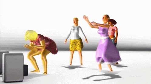 four people in dress are dancing together by the monitor