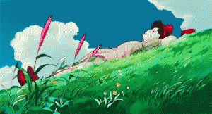 a painting of a bird sitting on a green grass covered hill