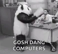 a man is in an office with a panda mascot
