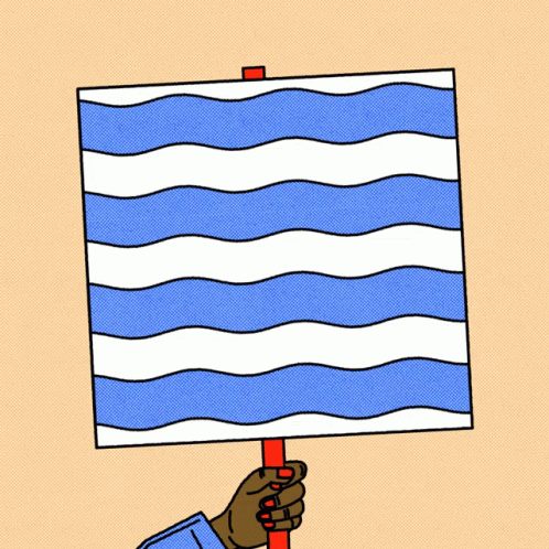 a drawing of a person holding up a red white and blue sign