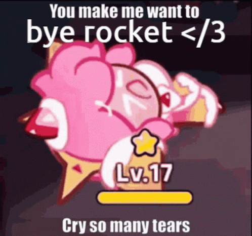 an animated image with the caption saying you make me want to bye rocket - y3 / 7 cry so many tears