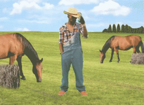 a man standing in the grass while holding a straw with two horses