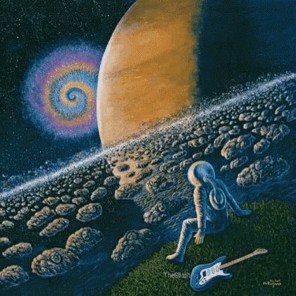 a painting of a space scene with an astronaut in front of a blue object