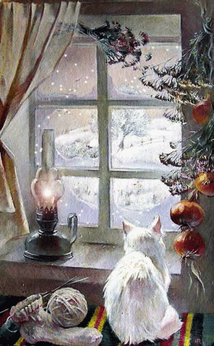 a painting of a cat looking out the window