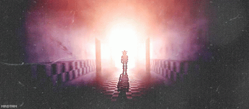 an abstract painting of a person standing in front of an open doorway with a bright light shining on the floor