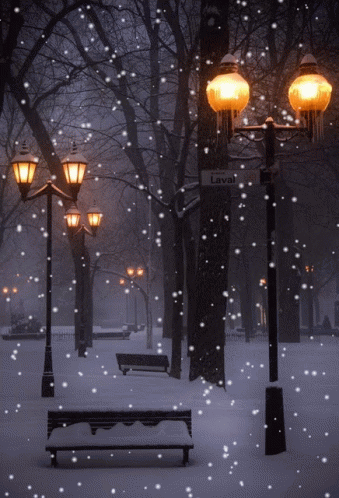 snowy scene with a bench and street lamp