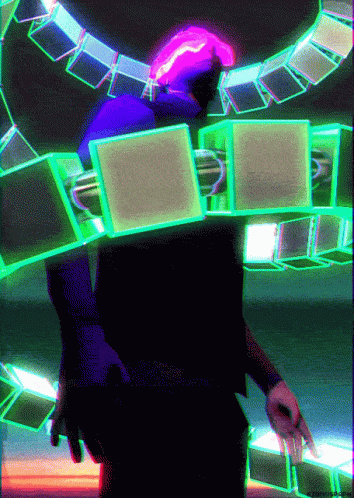 a man standing in a room in front of some neon cubes