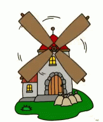 a cartoon house with a large windmill on top of it