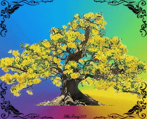 a painting of a tree with many colors on it