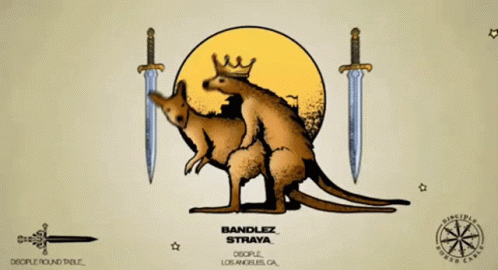 an illustrated background with two kangaroos holding swords and standing