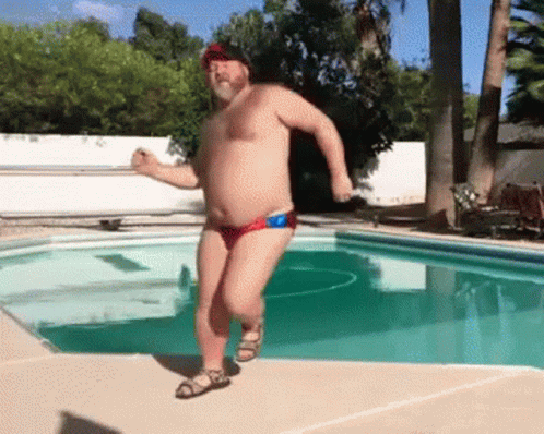 an animated image of a man dancing in front of a pool