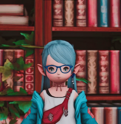 a cartoon animated character standing in front of shelves full of books