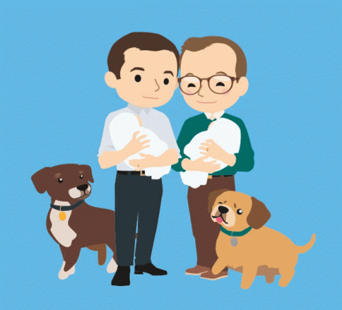 a man in glasses holding the hand of another man and standing next to two dogs