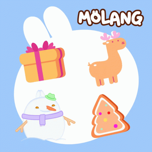 a drawing of a gift, moose, and snowman