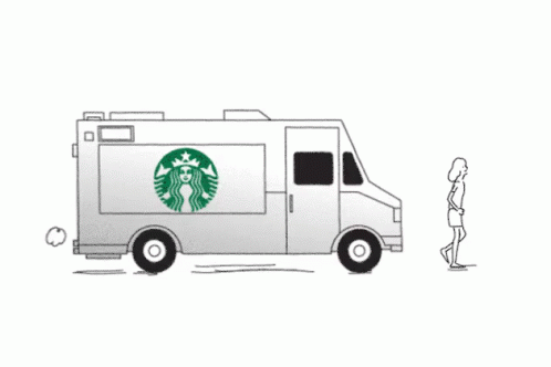 an outline drawing of a man with an apple next to a starbucks truck