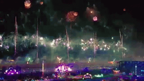 a large crowd watches as fireworks light up the sky