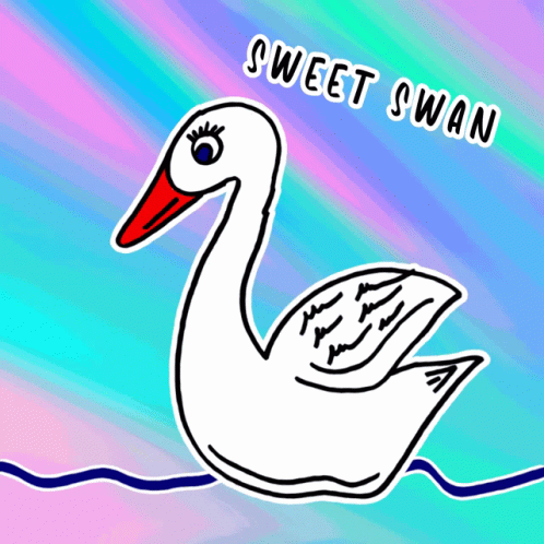 a picture of a white swan on an orange, yellow, red and pink background