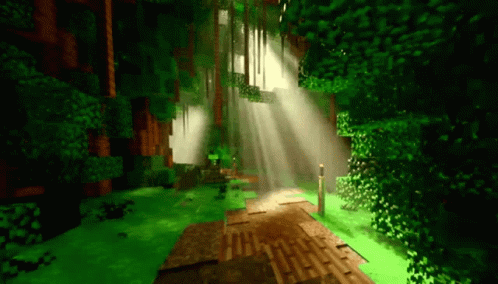the sun shines brightly as it shines down on a path through a forest