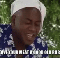 a young black man wearing a hawaiian shirt with a slogan saying, give your meat a good rub
