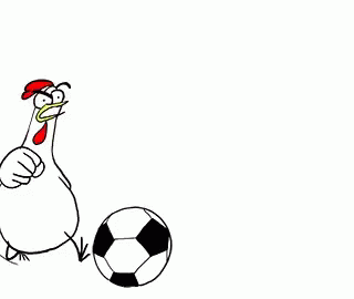 cartoon chicken with soccer ball kicking on white paper