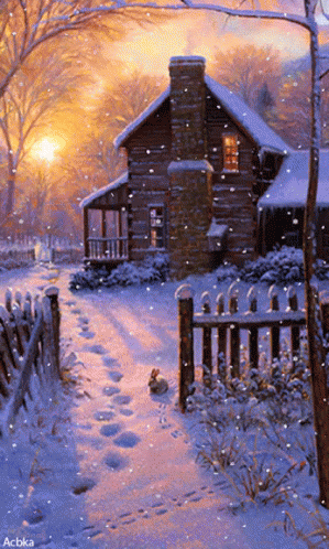 a painting of snow covered trees and a house