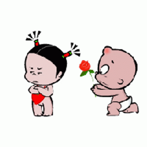 two small cartoon babies holding a rose and touching their lips