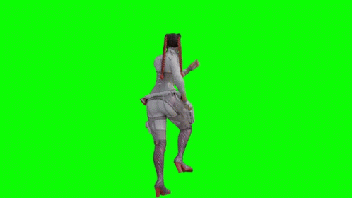 the back of a women head is being projected by a green screen