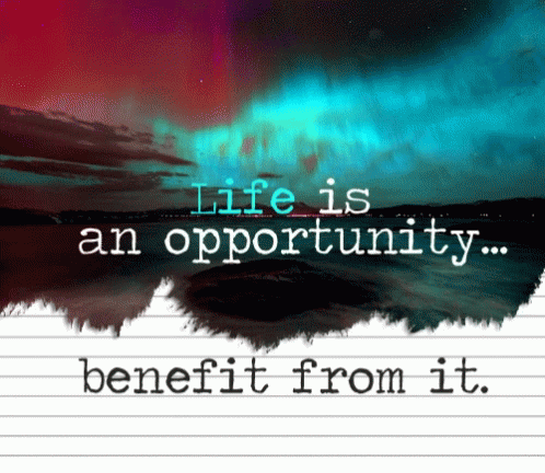 the quote'life is an opportunity beft from it'with an auroral sky behind