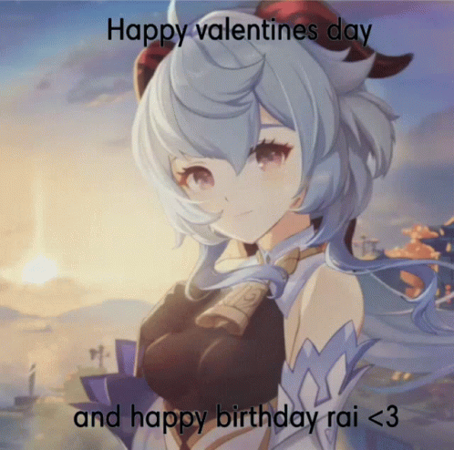 a cartoon character is sitting in front of a background saying happy valentine's day and happy birthday rai > 3