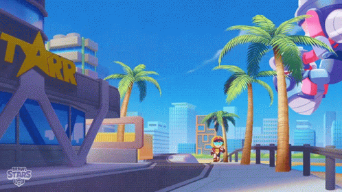 the front view of a futuristic city with palm trees
