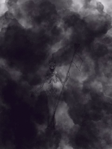 a statue in a body surrounded by black clouds