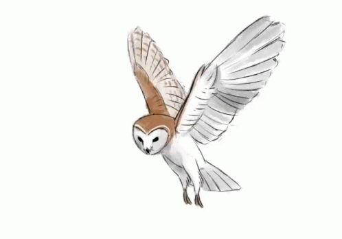 a drawing of a flying white and blue owl