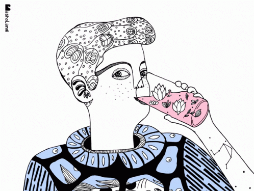 a black and white drawing of a woman drinking some liquid