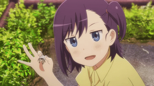 an anime scene of a girl in a dress holding a spider in her hand