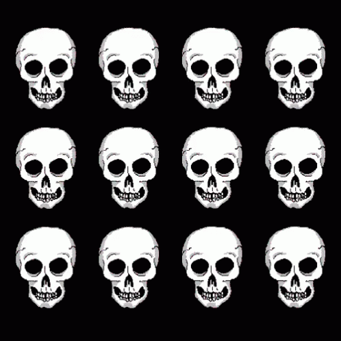 twenty skulls with many different faces on black background