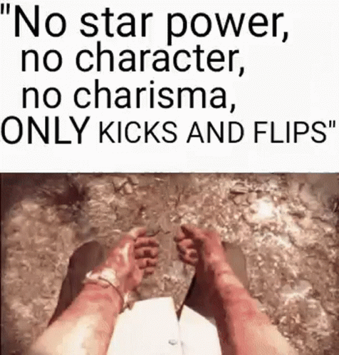 the view from above of a man with blue pants and black and white shirt, with words on it saying, no star power, no character, no charising,