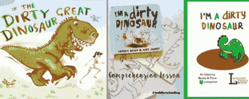 an illustrated picture of three books of dinosaurs