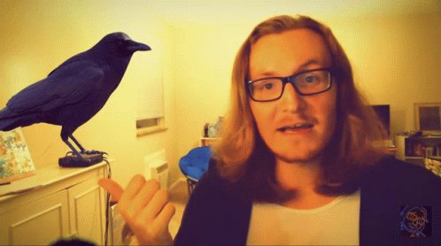 a man standing in front of a blue screen with a crow sitting on the counter