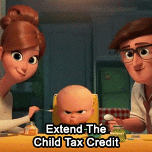 a man and woman are sitting at the table with the words extend the child tax credit