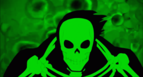 a green - toned illustration of a skeleton in black and green