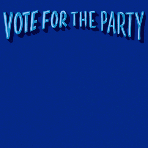 the word vote for the party, with two balloons floating above it