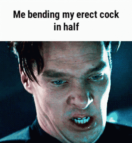 a man with teeth in it and the caption'me bending my erect cock in half