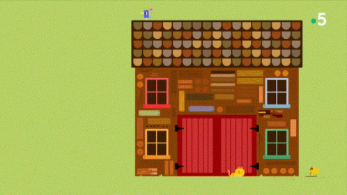 a house in pixel art with a bird flying next to it