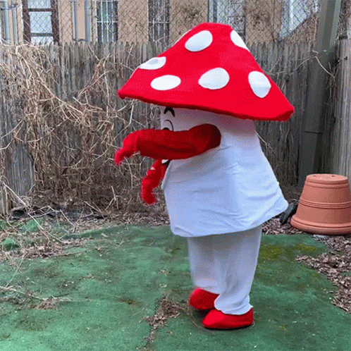 a purple and white mushroom costume standing on a patch of grass