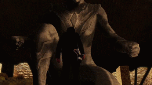 an animated image of the body of a woman surrounded by demonic looking dark statues