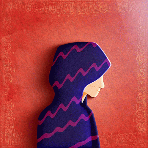 a 3d image of a woman in a red and pink striped hooded coat